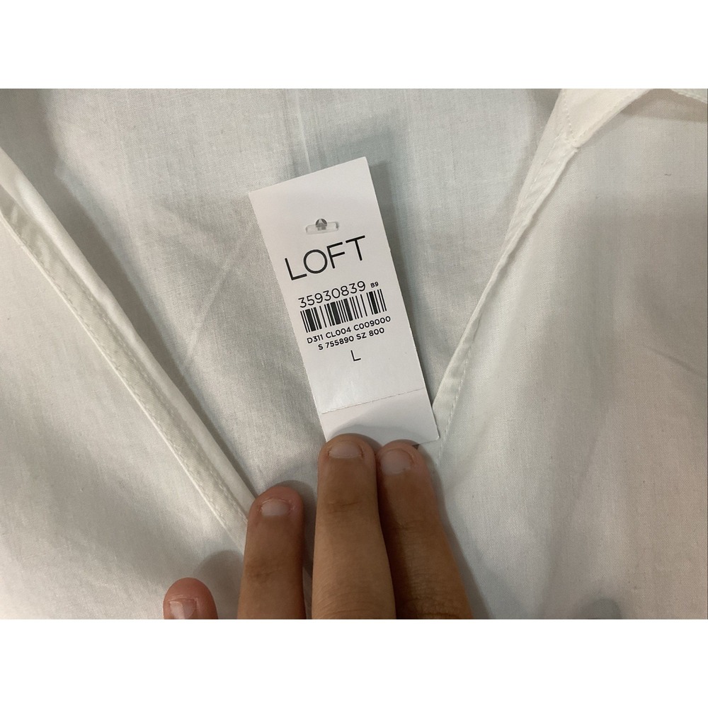 LOFT 100% Tie Front‎ Shirt Sz L White Long Sleeve Flowy Coastal Shirt - Picture 6 of 9